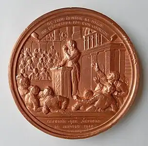 Médaille François GUIZOT (1787-1874). Graveur Jean-Jacques FEUCHERE (1807-1852), cuivre, Ø 100&nbsp;mm, poids 522 g, 1844. Verso. À François Pierre Guillaume Guizot, ses amis et ses admirateurs, On peut épuiser ma force, on n'épuisera pas mon courage, Chambre des députés 26 janvier 1844.