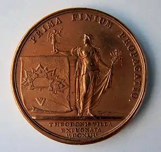 Louis XIV, médaille émise en mémoire de son 5e&nbsp;anniversaire, année de son accession au trône et de la prise de Thionville en 1643 par le Grand Condé, revers.