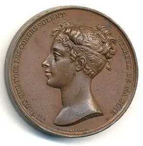 Médaille pour le baptême du Duc de Bordeaux, portrait de la Duchesse de Berry, bronze, 38&nbsp;mm, avers.