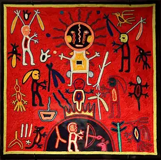 Tableau de laine nierika : La naissance du soleil. Bois, cire, laine, H. 60&nbsp;cm. Indiens Huichol