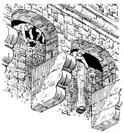 Lancement de projectiles des défenseurs au niveau du mâchicoulis.