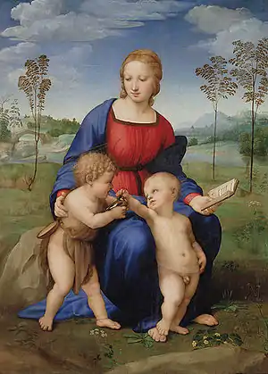 Raphaël - Madone au Chardonneret, 1505-1506Tempera sur bois, 107 × 77 cm Galerie des Offices, Florence.