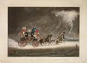 Estampe montrant un mail coach aux couleurs noir et rouge de la Poste britannique, dans un orage, près de Newmarket, Suffolk in 1827. Le garde se tient à l'arrière.