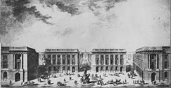 Perspective depuis le toit de l'hôtel des fermes vers la mairie, gravure du XVIIIe&nbsp;siècle.