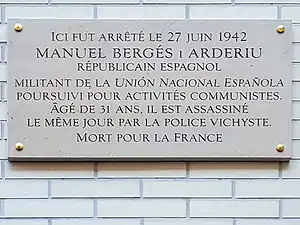 Plaque en mémoire de Manuel Bergés i Arderiu.