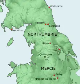 Carte resserrée sur la Northumbrie et la Mercie où figurent les lieux mentionnés dans l'article.