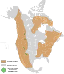 Carte de répartition des fossiles de Parasaurolophus sur l'Amerique du Nord.
