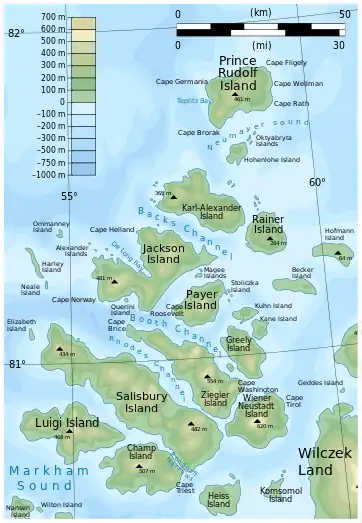 L'île est nommée Neale island sur cette carte (à l'ouest de l'île Jackson)