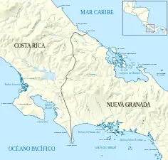 Frontière selon le traité Calvo-Herrán&nbsp;(es) en 1856.