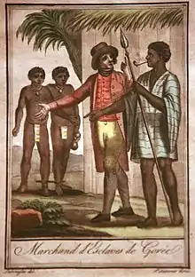 gravure représentant un homme blanc vêtu à l'occidental, discutant avec un homme noir fumant la pipe ; en arrière-plan, deux hommes noirs vêtus d'un cache-sexe