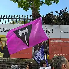Drapeau avec le labrys, marche des fiertés de Rouen, 2019.