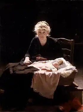 Fantine avec sa fille Cosette peintes par :Margaret Bernadine Hall (en) (huile sur toile, 1886)