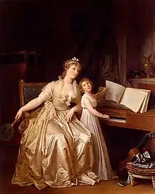 Peinture représentant une femme somptueusement vêtue dans un fauteuil et une petite fille debout, une main tournant une partition, l'autre sur le clavier étroit d'un piano carré.