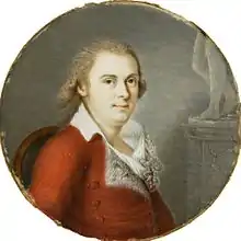 Tableau représentant un homme assis souriant habillé d'une veste rouge