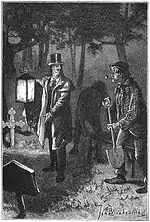 Nuit dans cimetière, homme bien habillé tenant une lampe, un autre vêtu pauvrement, pipe au bec, pelle en main.