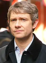 A photograph of Freeman during the filming of Sherlock at London, UK in 2011