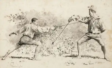 Duel à l'épée entre Saint-Luc et Monsoreau.