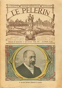 Dessin en couleurs d'un homme portant la barbe et moustaches, inséré dans un médaillon en première page du journal.