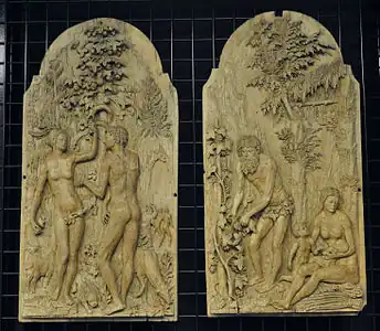 Mongrammiste IP (cercle), Péché originel — Paradis perdu, deux panneaux, Liebieghaus, Francfort-sur-le-Main, Inv. N° 587 et 430.