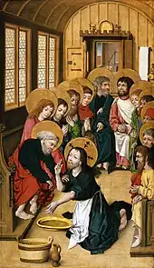 Christ lavant les pieds des Apôtres Maître du Livre de Raison, 1475 ; seul Judas (sur la droite) n'a pas de nimbe