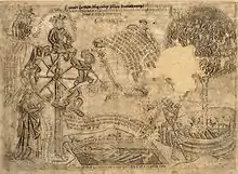 Dessin à la mine présentant en particulier sur sa droite un arbre dont les feuilles sont des têtes de mort et dont les racines sont prises dans une barque.