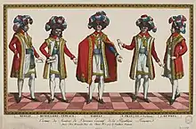 Les cinq directeurs en costumes somptueux à dominantes bleu, blanc et rouge