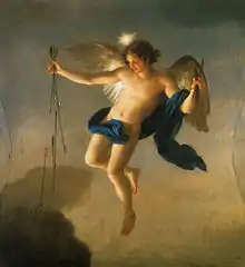 Ange volant, tenant des flèches pointées vers le bas.