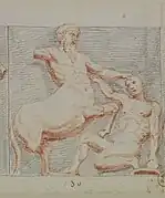 Gravure ancienne ; combat entre un homme et un centaure.