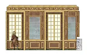 Restitution de la paroi sud de la chambre du petit appartement frais, vers 1704.