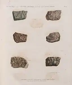 1.2. Sinaïtes; 3.4. Roches granitiques;5. Granit orbiculaire;6. Roche quartzeuse herborisée