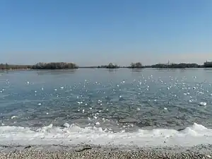 Photographie montrant la plage du Morlet sur le lac des Eaux-Bleues en hiver