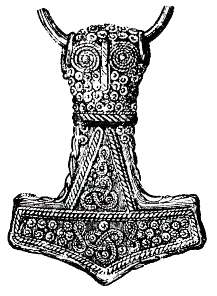 Dessin d'un pendentif Mjöllnir, en argent plaqué d'or, trouvé dans un site archéologique à Öland, en Suède.
