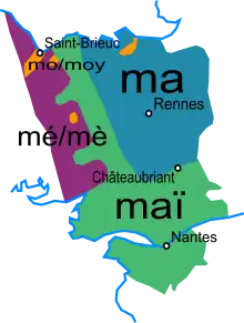 Carte de la Haute-Bretagne montrant les variations de prononciation de « moi » selon les régions.