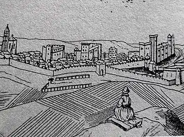 Illustration des remparts protégeant Mont-de-Marsan, d'après un plan établi par Joachim Duviert en 1612.