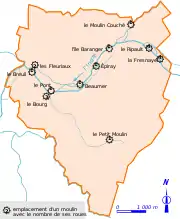 Carte matérialisant l'emplacement de moulins sur un cours d'eau.