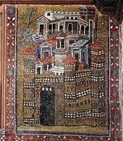 On voit une peinture d'un grande ville avec d'immenses murs et des tours