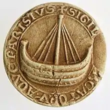 Sceau des marchands de l'eau de Paris en 1210 (SIGIL[LVM ME]RCATORVM AQVE PARISIVS), moulage du XIXe&nbsp;siècle.