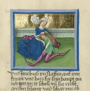 Samson et Dalila. Bible en allemand (1468-1470), Bibliothèque d'État de Bavière, Munich, Cgm 8010a, fol. 379r.