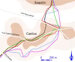 Plan représentant, par un jeu de couleurs différentes, les hypothèses de tracé d'une muraille de ville.