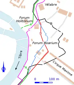 Plan représentant, par un jeu de couleurs différentes, les hypothèses de tracé d'une muraille de ville.