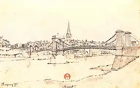 Dessin à la mine du pont suspendu réalisé par Nicolas Chapuy (1790-1858).