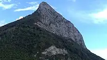 Extrémité de l'arête d'une montagne vue de profil dominant une zone boisée.