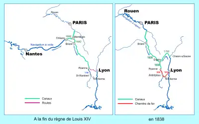Cartes comparatives du transport de marchandises vers la capitale à la fin du règne de Louis XIV et en 1838.
