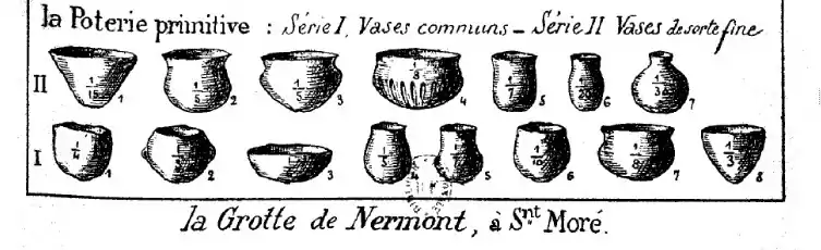 Série I — no&nbsp;1 : vase en calotte, grotte de Nermont, Saint-Moré (coll. Parat) •  no&nbsp;2 : vase en calotte, grotte de Nermont, Saint-Moré (coll. Parat) • no&nbsp;3 : vase, grotte de Nermont, Saint-Moré (musée d'Auxerre) • no&nbsp;4 et 5 : vases, grotte de Nermont, Saint-Moré (coll. Guignepied à Saint-Moré) • no&nbsp;6 : vase de la grotte du Trilobite à Arcy (coll. Parat) • no&nbsp;7 : vase, grotte de Nermont, Saint-Moré (coll. Maison à Châtel-Censoir) • no&nbsp;8 : vase cônique, grotte de la Roche Moricard, Saint-Moré. Série II — • no&nbsp;1 et 2 : vases en cône tronqué, grotte de la Roche au Larron, Voutenay ; poterie noire lustrée (coll. Charlot à Voutenay) • no&nbsp;3 : vase, la Roche au Loup, Merry-sur-Yonne • no&nbsp;4 : vase à côte, poterie lustrée noire, grotte de Nermont (anc. coll. Ficatier) • no&nbsp;5 : vase en tulipe en poterie lustrée noire, grotte des Fées, Arcy (coll. Parat) • no&nbsp;6 : vase (détruit déjà en 1909) en poterie ordinaire, légère, avec des séries de traits ; sépulture par inhumation à Mailly-la-Ville • no&nbsp;7 : vase lustré noir, grotte de la Roche au Larron (coll. Charlot).