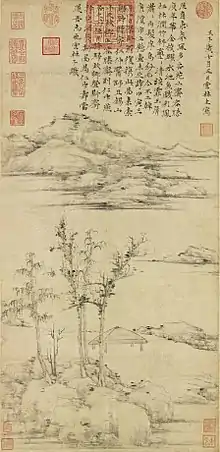 « L'atelier [minuscule] contenant [seulement] les genoux » » (容膝斋图), Ni Zan. 1372. Rouleau vertical, encre sur papier, 74,7&nbsp;×&nbsp;35,3&nbsp;cm. Musée national du palais, Taipei.
