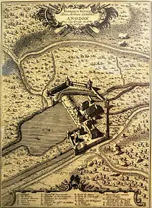 Gravure montrant une maison isolée, vue d'en haut.