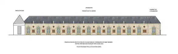 Proposition de restitution de l'élévation côté parterre de l'Orangerie de Saint-Mandé de Nicolas Fouquet, 1661.