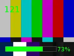 Menu à l'écran d'un téléviseur, qui affiche le réglage du volume et le canal syntonisé, au-dessus d'une mire de barres verticales.