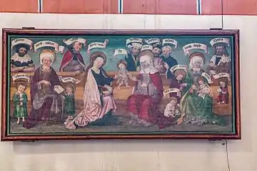 Sainte Anne (vêtue de rouge) avec ses trois époux en arrière-plan, Rhénanie, XVIe&nbsp;siècle.