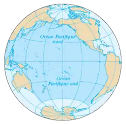 Carte de l'océan Pacifique avec ses mers bordières.